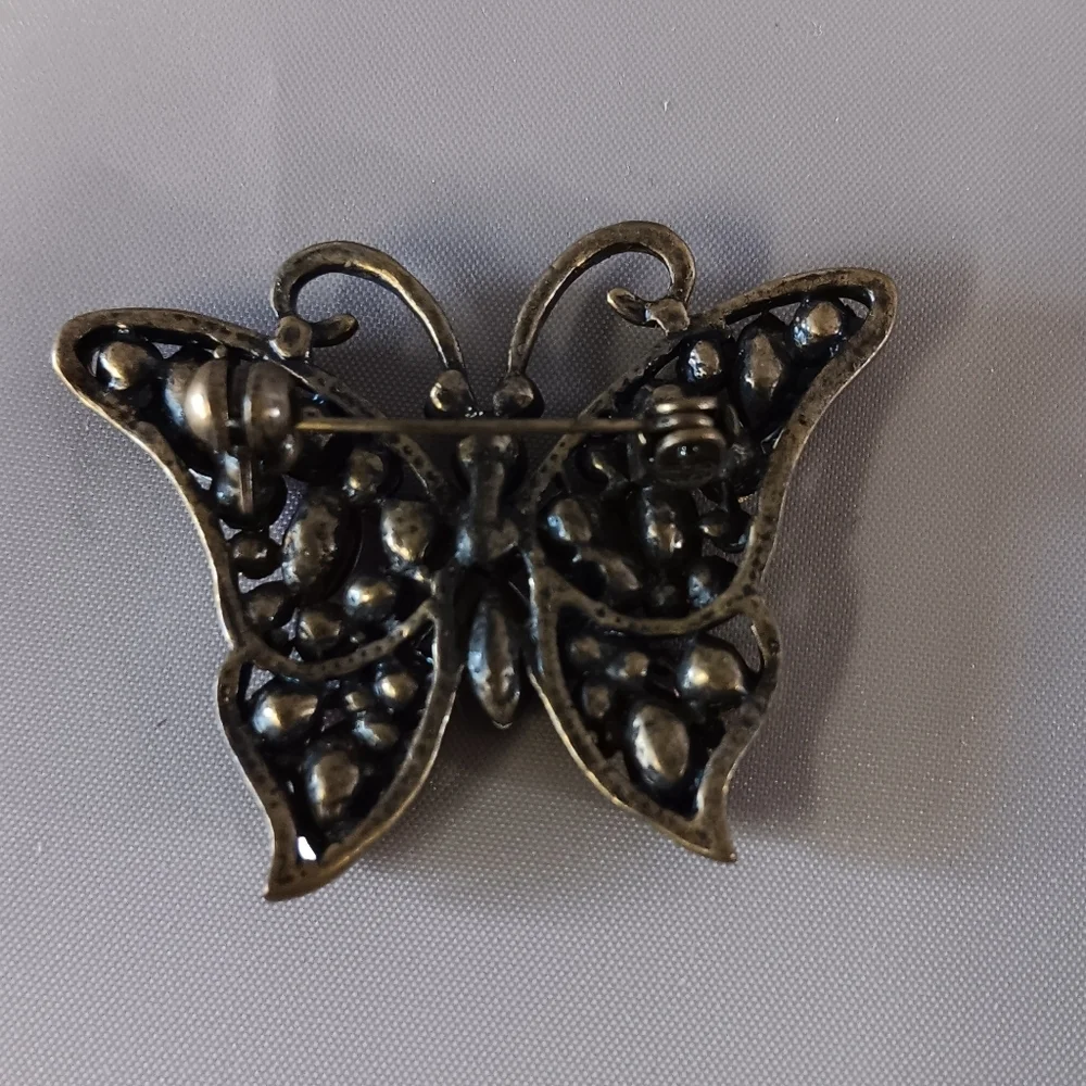 Pink Rhinestone Butterfly Brooch Pin Antique Finish Sparkly Gift‎ Jewelry